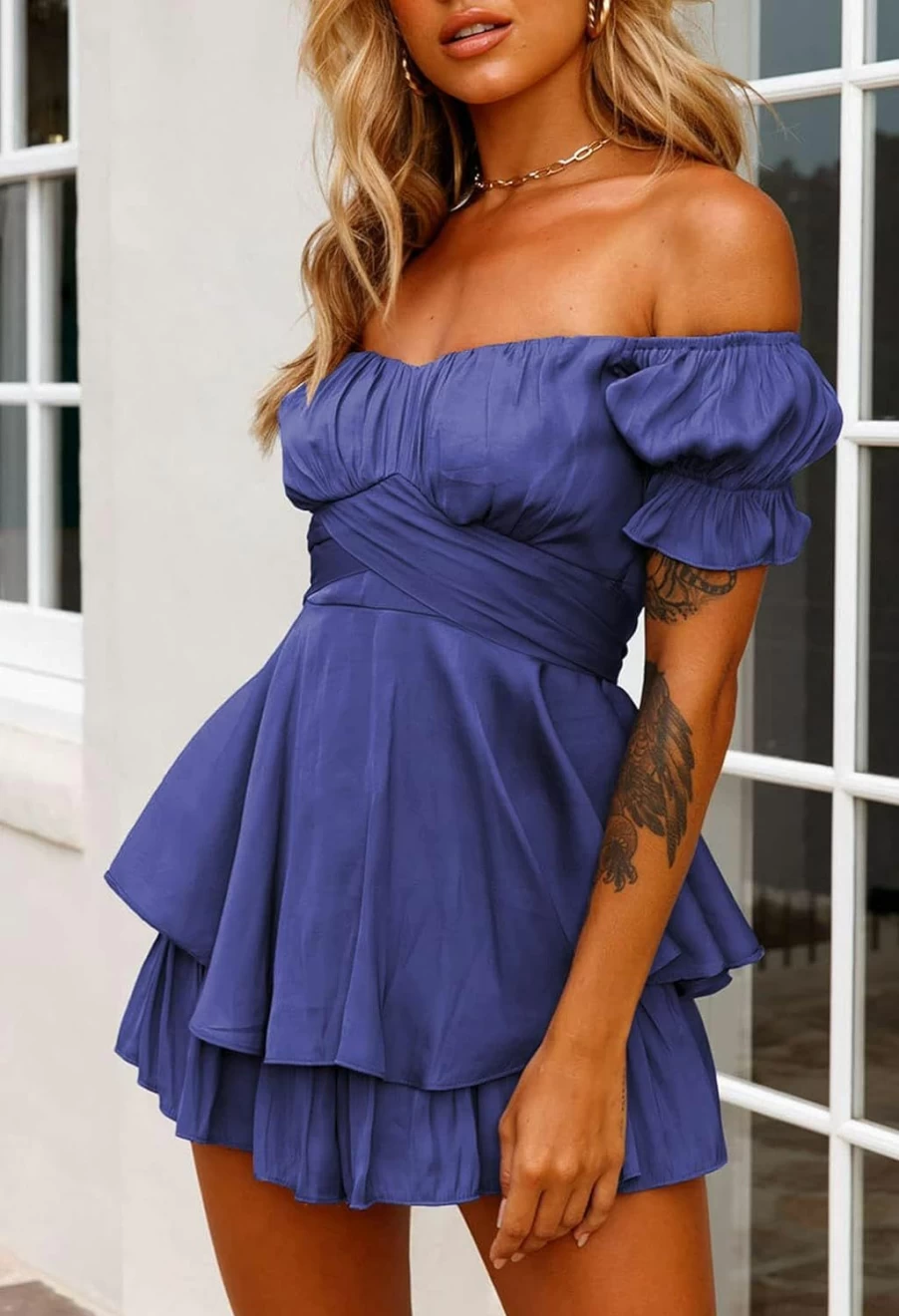 Linsery Women's Floral Print Boho Off-Shoulder Chiffon Jumpsuit with Tie Back and Ruffle Hem