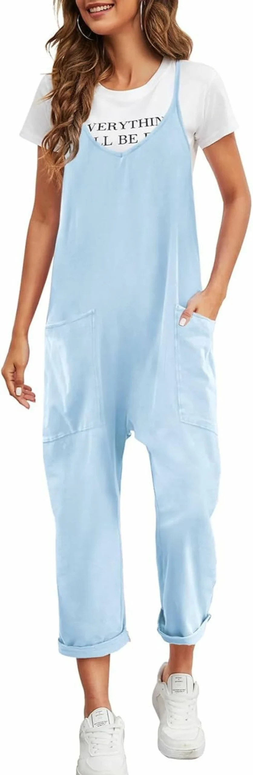 Nirovien Women's Casual Oversized Sleeveless Jumpsuit with Pockets - Loose Spaghetti Strap Romper One Piece Overalls