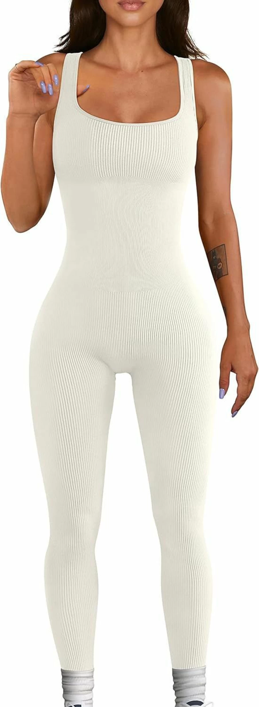 YIOIOIO Women's Seamless Yoga Jumpsuit - Ribbed Workout Romper with Square Neck & Bodycon Leggings