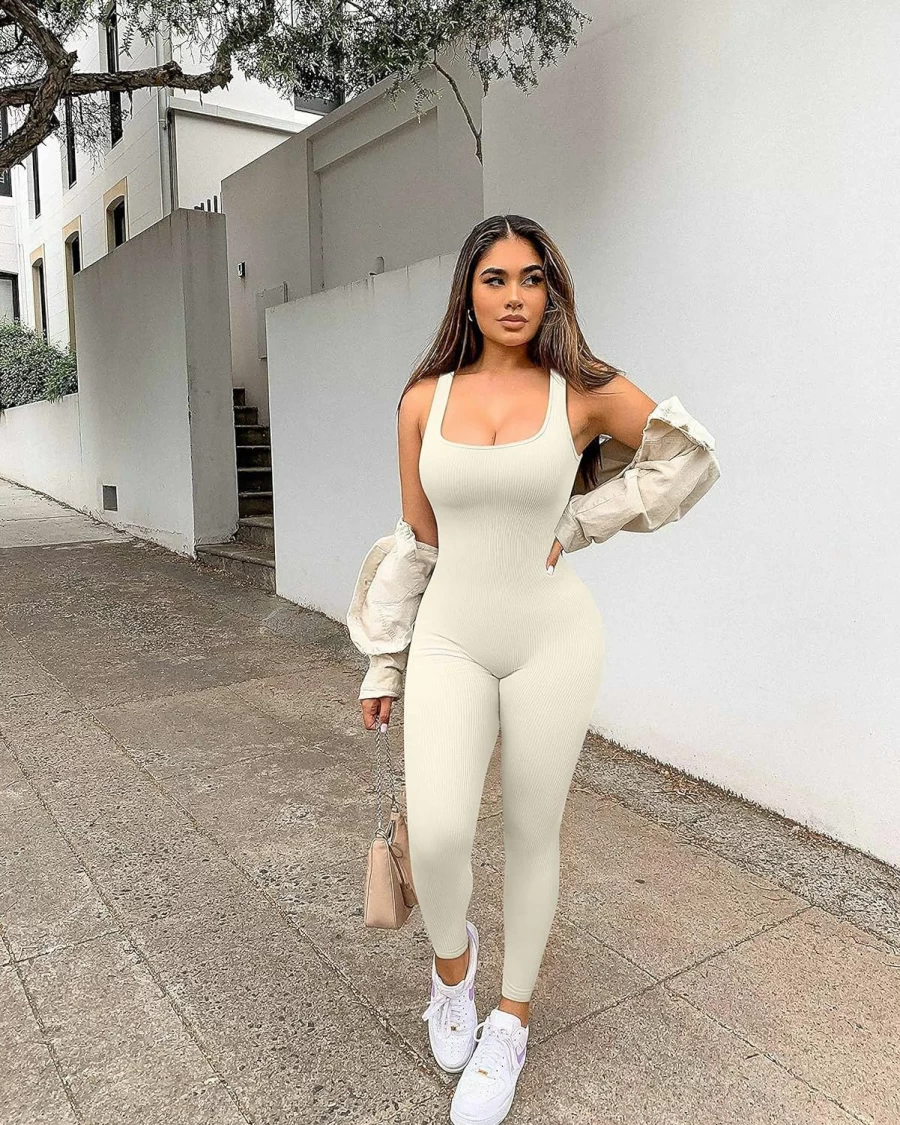 YIOIOIO Women's Seamless Yoga Jumpsuit - Ribbed Workout Romper with Square Neck & Bodycon Leggings