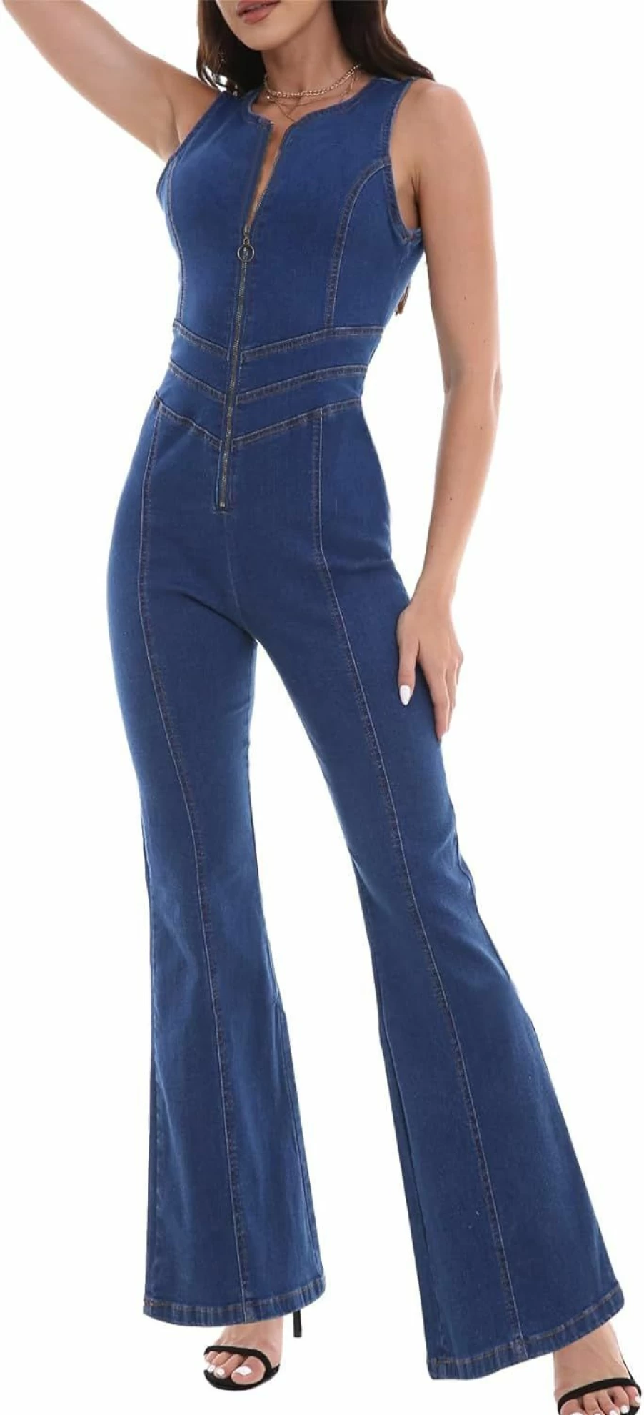SEMATOMALA Women's Denim Jumpsuit - Y2K Sleeveless Halter Romper with Flared Legs, Maxi Overalls & Tank Top Style