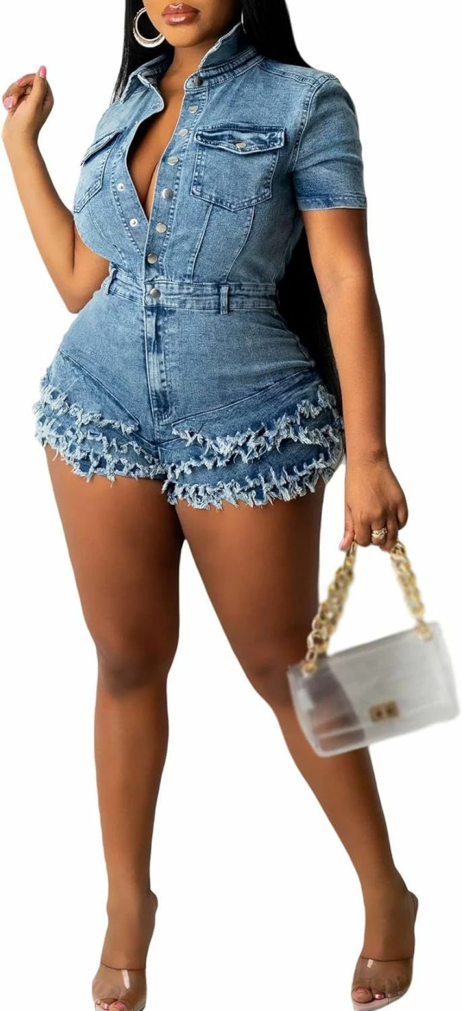 Sexyshine Women's Slim Fit Denim Jumpsuit - Button Down Lapel Long Romper Overalls Playsuit
