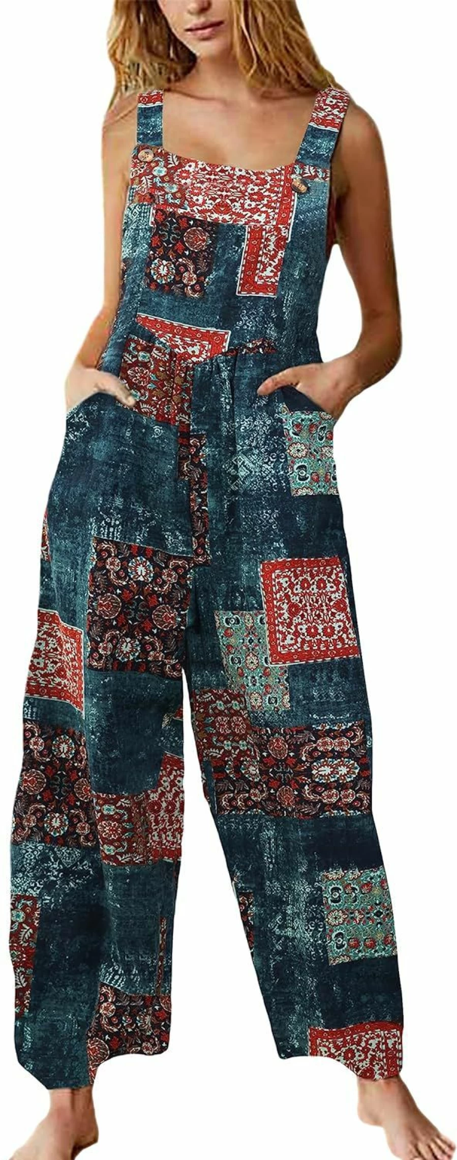 Himosyber Women's Floral Print Bohemian Jumpsuit - Loose Fit Wide Leg Overalls with Patchwork Pockets