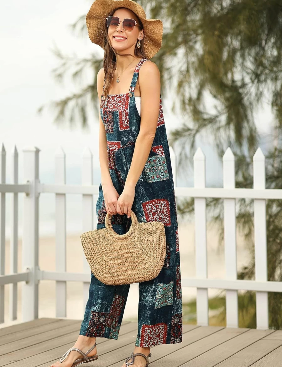 Himosyber Women's Floral Print Bohemian Jumpsuit - Loose Fit Wide Leg Overalls with Patchwork Pockets