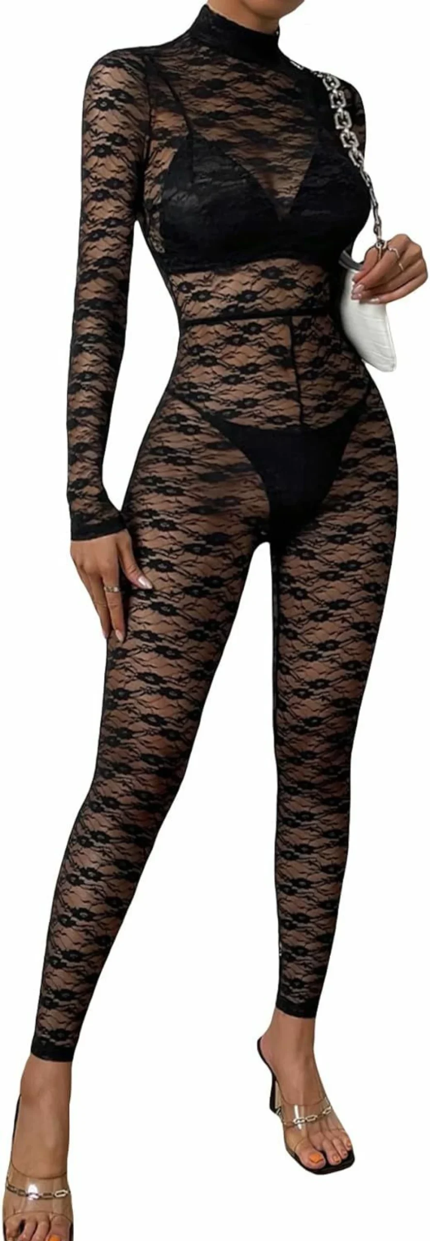MakeMeChic Women's Elegant Sheer Lace Long Sleeve Mock Neck Bodysuit - Stylish Unitard Jumpsuit for Women
