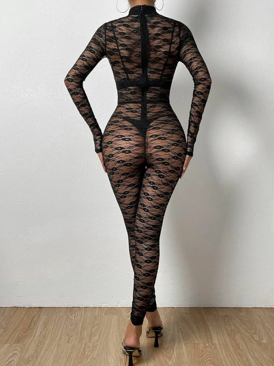 MakeMeChic Women's Elegant Sheer Lace Long Sleeve Mock Neck Bodysuit - Stylish Unitard Jumpsuit for Women