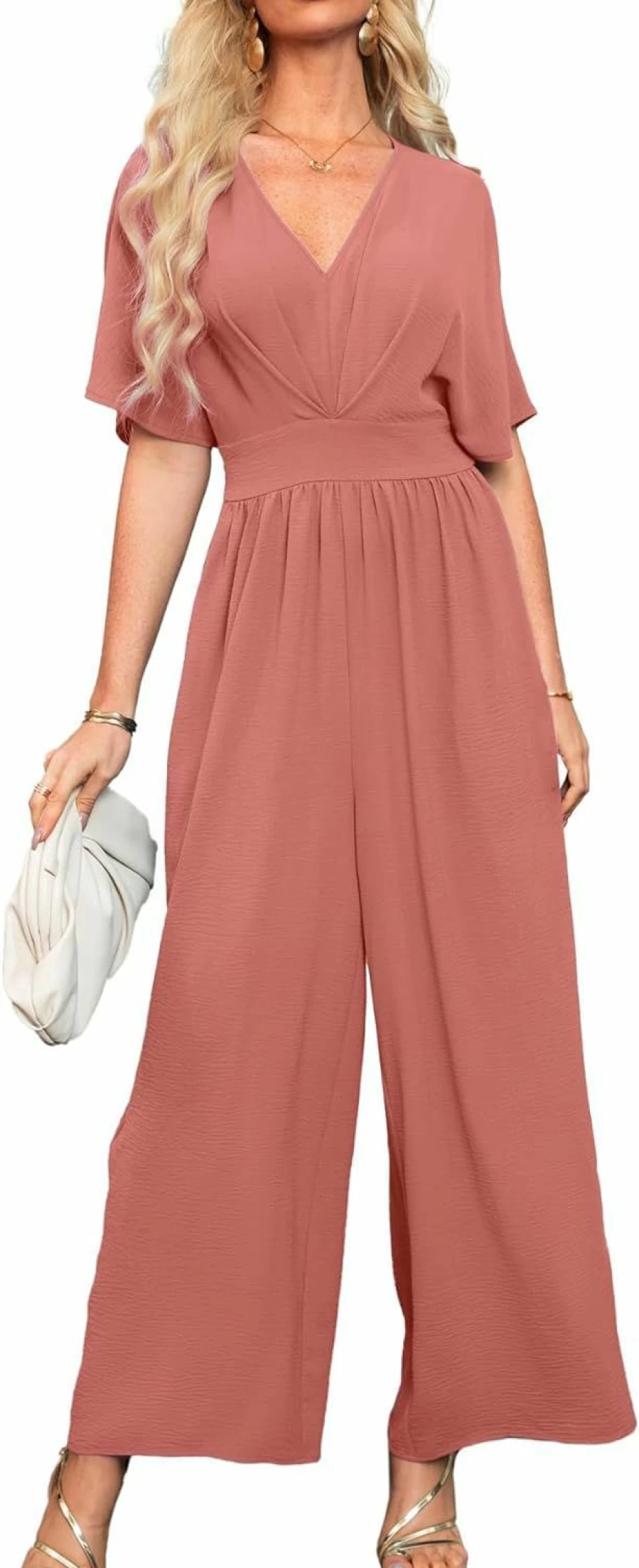 Simplee Apparel Women's V-Neck Wide Leg Jumpsuit - Casual & Dressy High Waist Romper with Short Sleeves for Formal Occasions