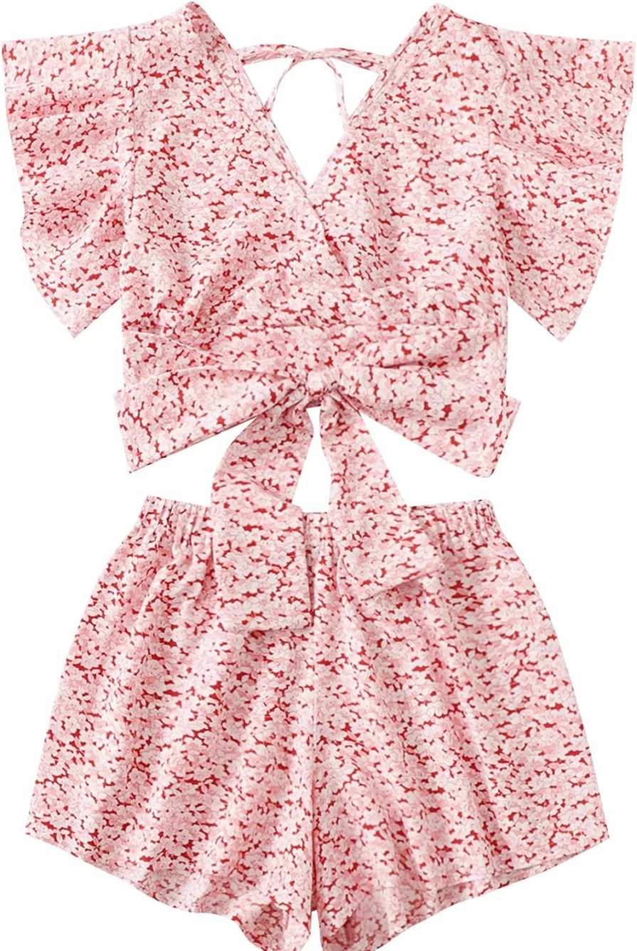 SweatyRocks Women's Boho Style Butterfly Sleeve Crop Top and Shorts 2-Piece Summer Outfit Set