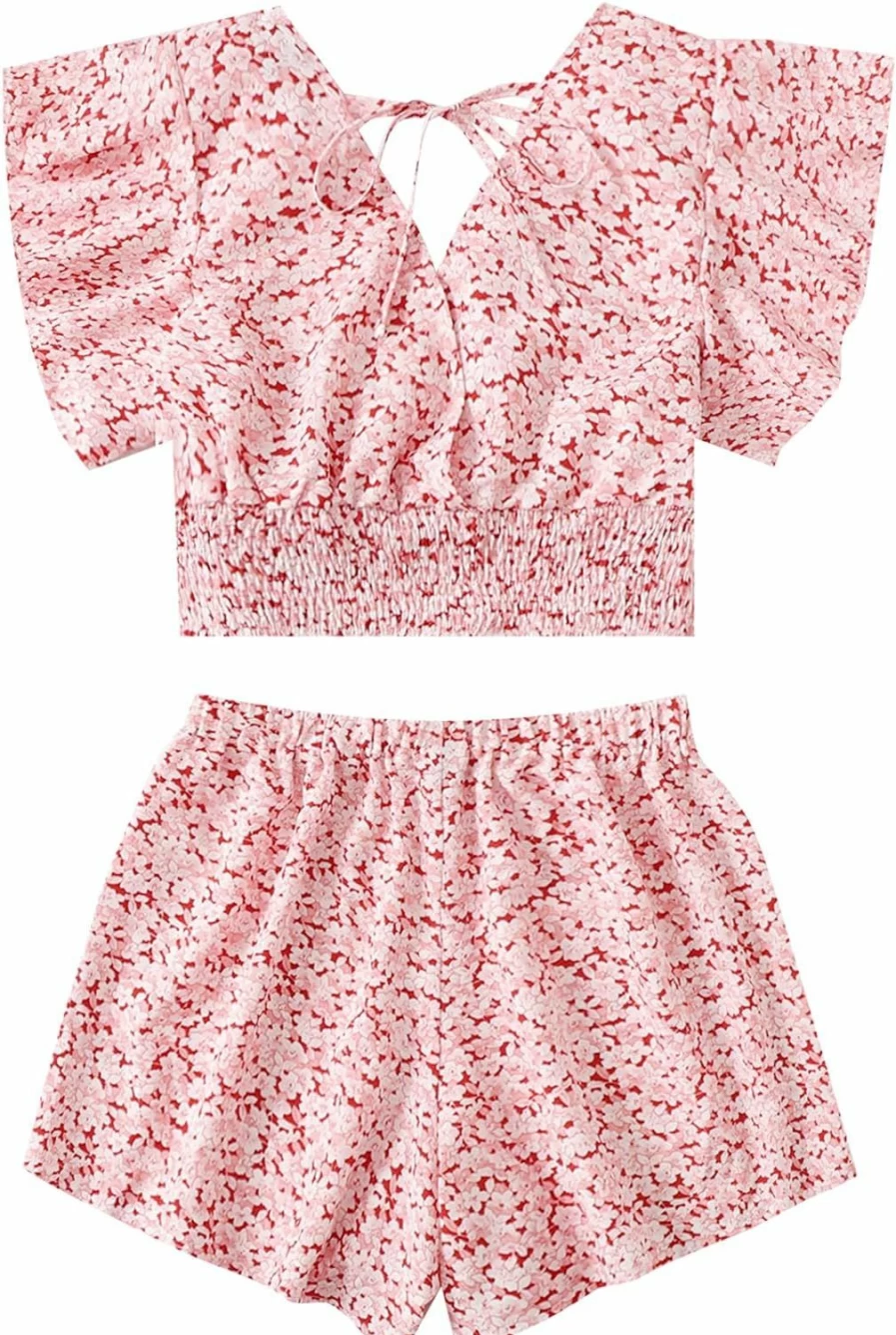 SweatyRocks Women's Boho Style Butterfly Sleeve Crop Top and Shorts 2-Piece Summer Outfit Set