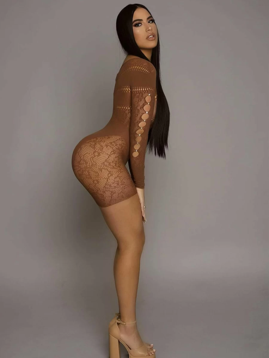 AVZXSA Women's One Shoulder Lace Bodysuit - Sexy Cutout Mesh Jumpsuit with Rhinestone Accent Long Sleeve See Through Design