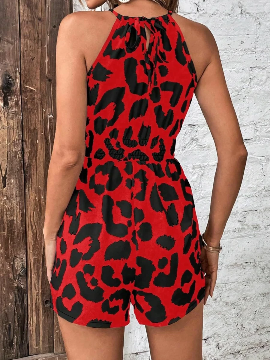 WDIRARA Women's Summer Romper - Halter Neck Sleeveless Jumpsuit with All Over Print, High Waist Casual Shorts