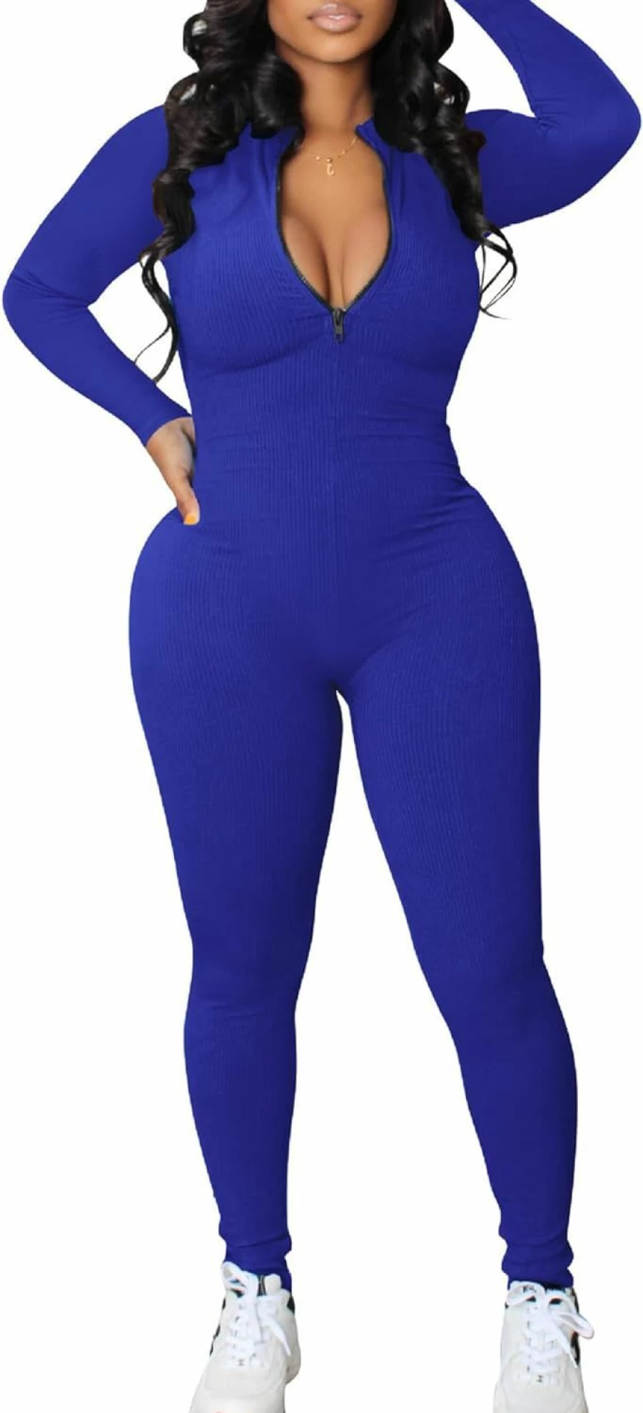 "Matunana Women's Sexy Ribbed Bodysuit Jumpsuit - Long Sleeve Zip Up Romper, Bodycon Unitard Pants for Spring 2024 Fashion"