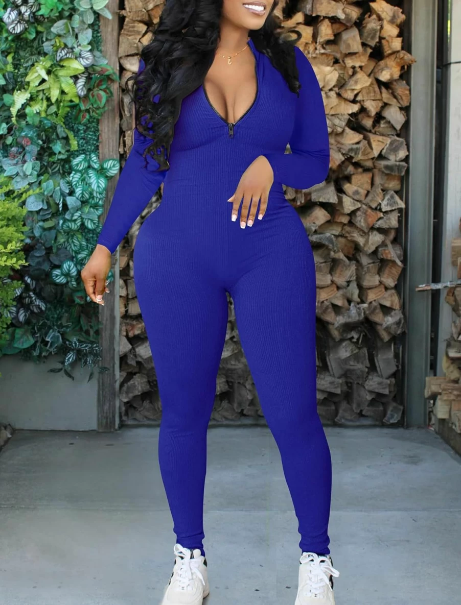"Matunana Women's Sexy Ribbed Bodysuit Jumpsuit - Long Sleeve Zip Up Romper, Bodycon Unitard Pants for Spring 2024 Fashion"
