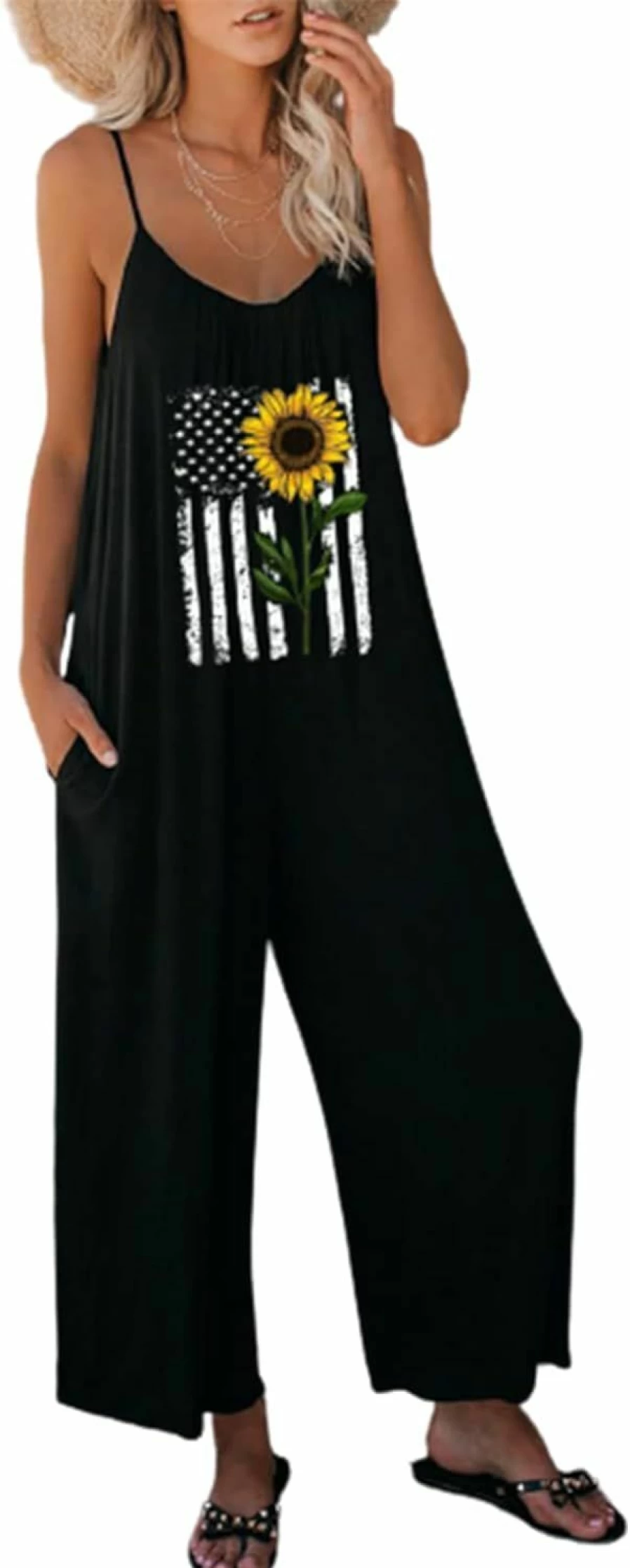 Dokotoo Women's Stretchy Loose Romper Jumpsuit with Adjustable Spaghetti Straps & Pockets - Sleeveless Long Pant Summer Outfit