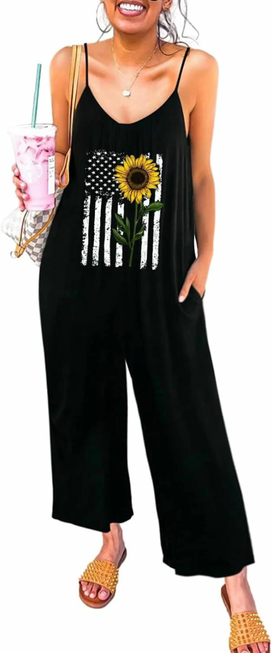 Dokotoo Women's Stretchy Loose Romper Jumpsuit with Adjustable Spaghetti Straps & Pockets - Sleeveless Long Pant Summer Outfit