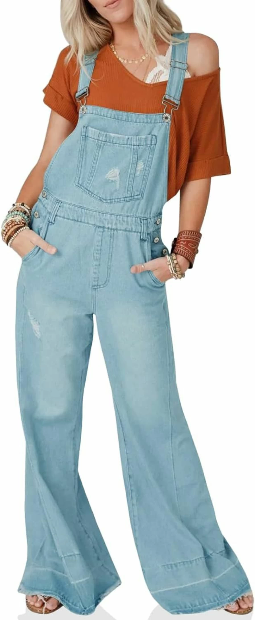 Tongmingyun Women's Distressed Denim Overalls - Adjustable Straps Baggy Wide Leg Jumpsuit Casual Vintage Jeans Romper