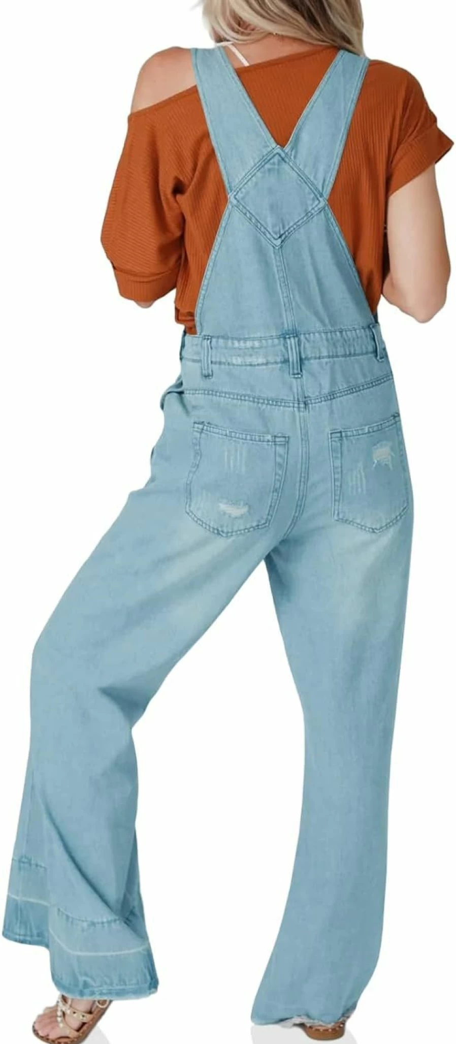 Tongmingyun Women's Distressed Denim Overalls - Adjustable Straps Baggy Wide Leg Jumpsuit Casual Vintage Jeans Romper