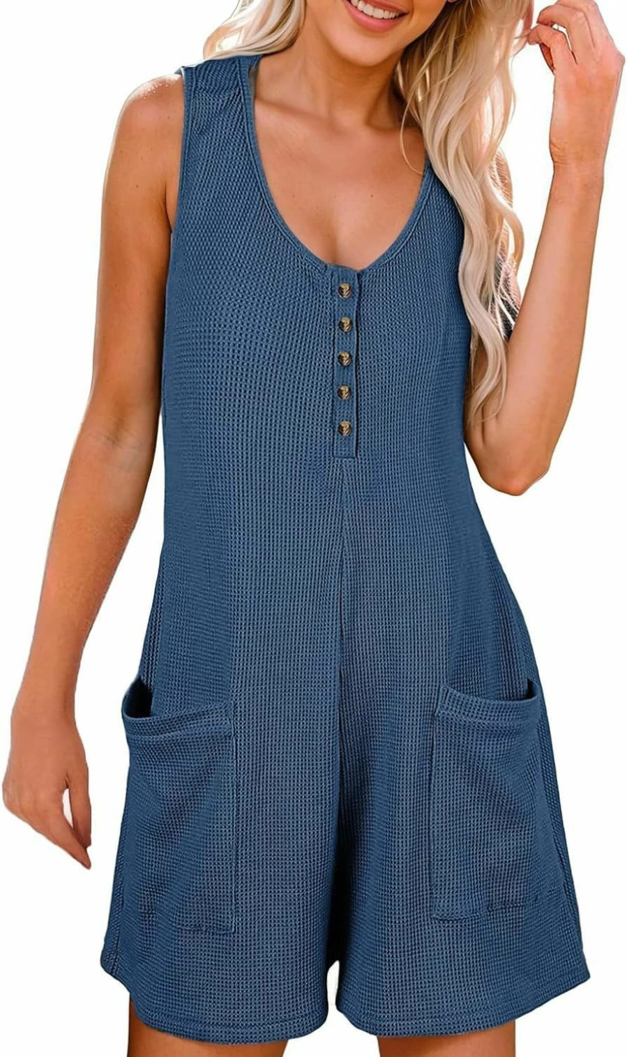 AlvaQ Women's Summer Casual Sleeveless Romper with Button Front and Pockets - Solid Color Short Jumpsuit