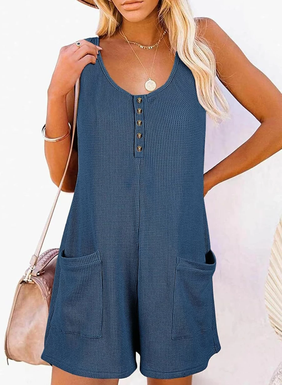 AlvaQ Women's Summer Casual Sleeveless Romper with Button Front and Pockets - Solid Color Short Jumpsuit