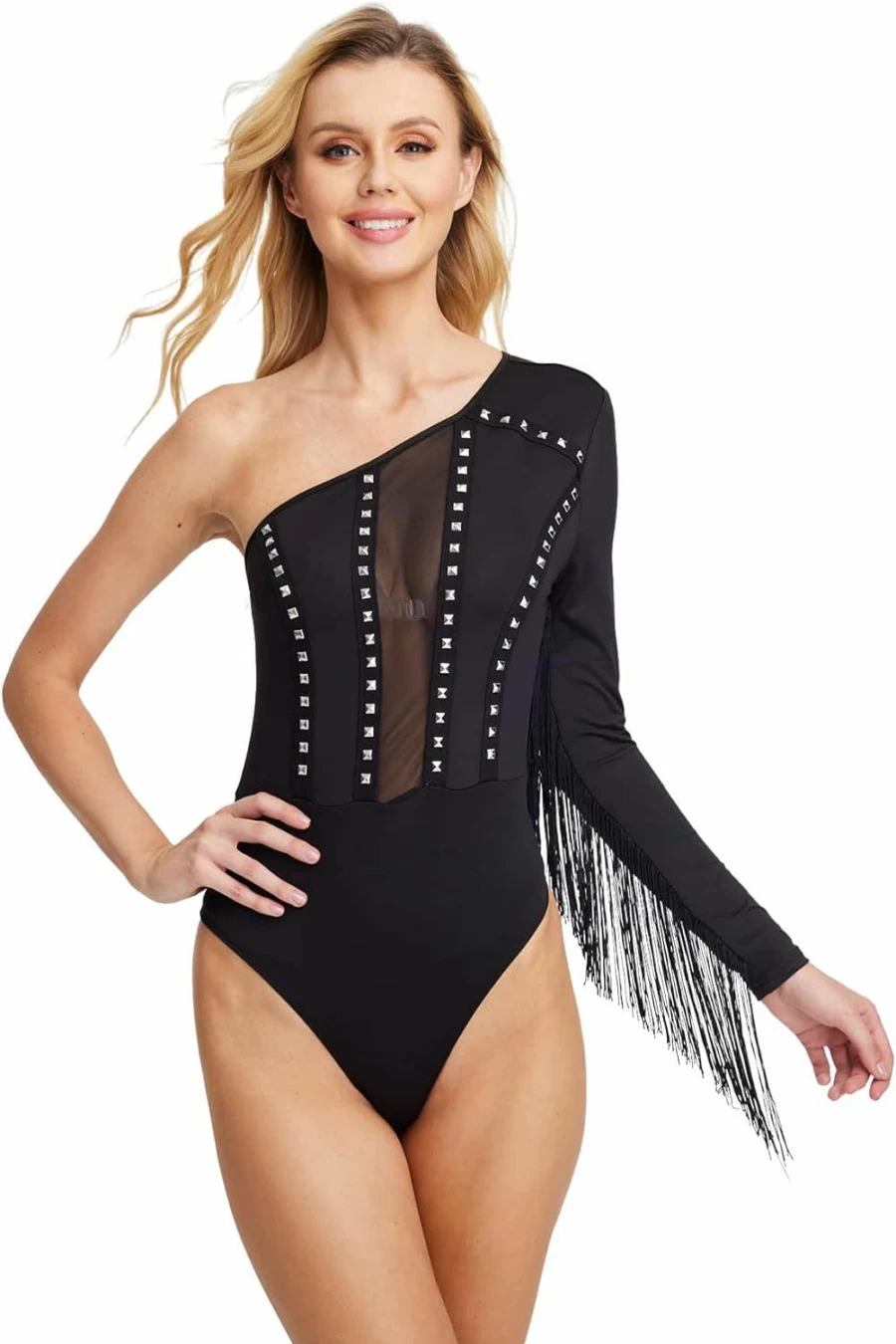 SweatyRocks Women's Sheer Mesh Jumpsuit Bodysuit with Cold Shoulder and Fringe Detail Long Sleeve Romper