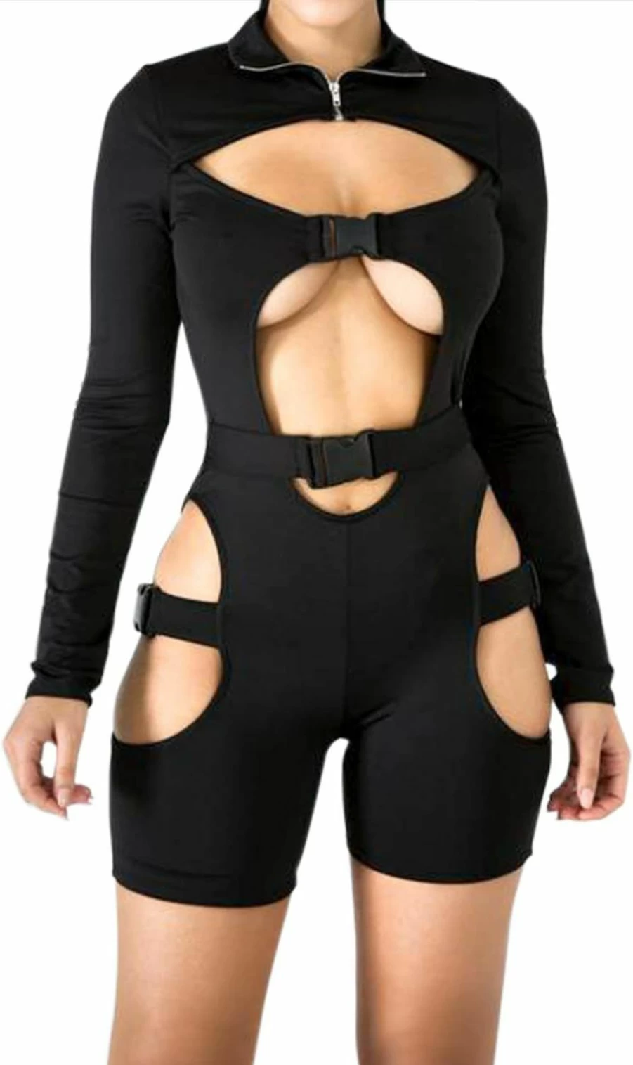 VWIWV Women's Sexy Hollow Out Long Sleeve Jumpsuit Bodysuit with Buckle Detail - Bodycon Romper Shorts