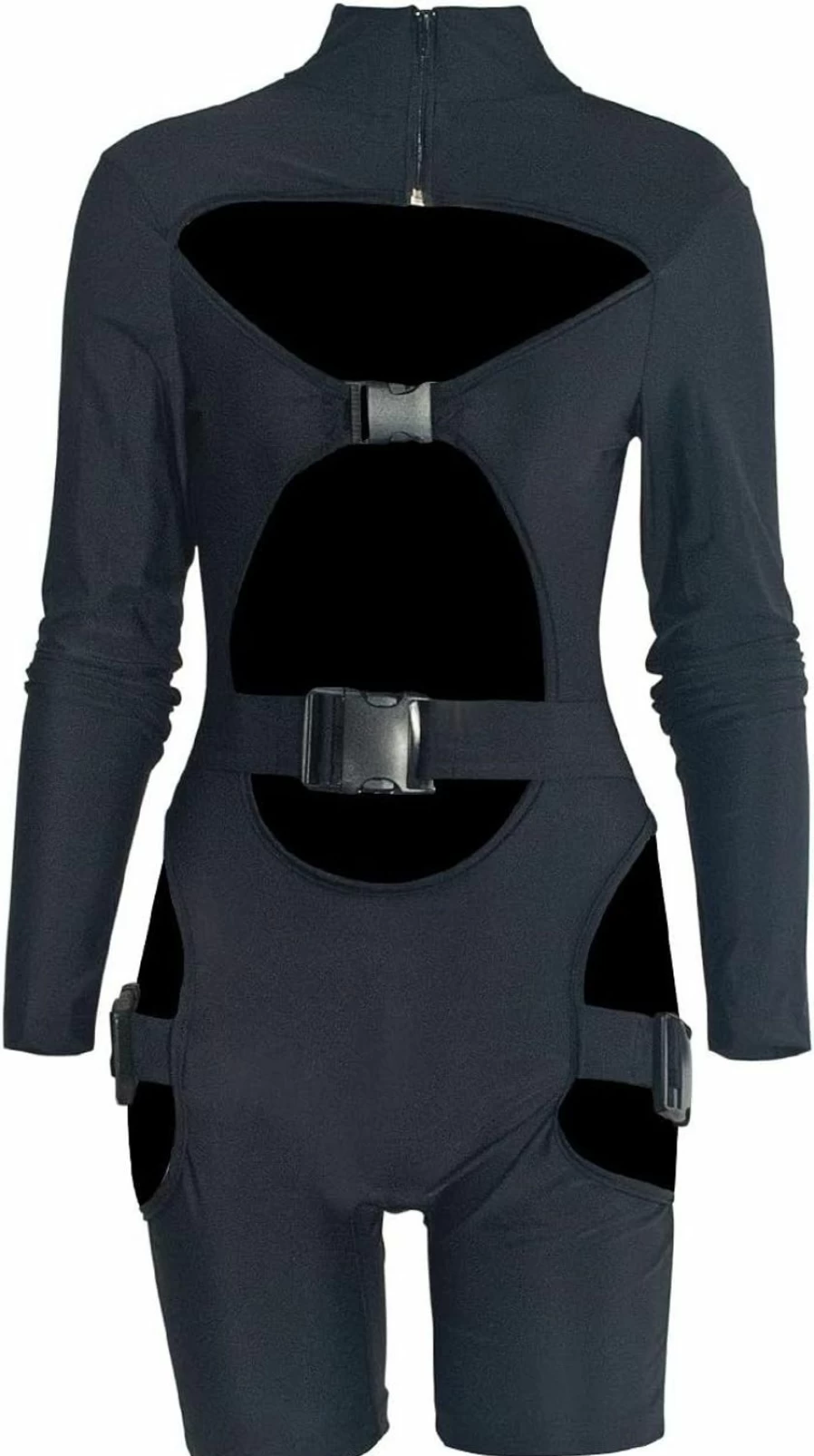 VWIWV Women's Sexy Hollow Out Long Sleeve Jumpsuit Bodysuit with Buckle Detail - Bodycon Romper Shorts
