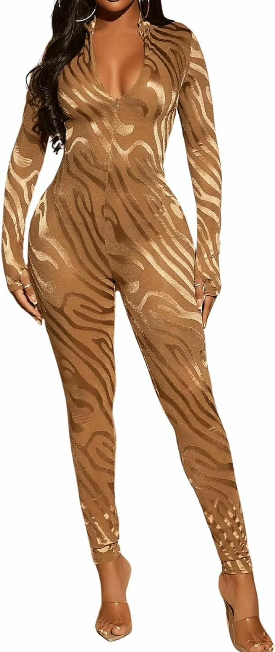 MakeMeChic Women's Sheer Mesh Long Sleeve Jumpsuit with Cut Out Back