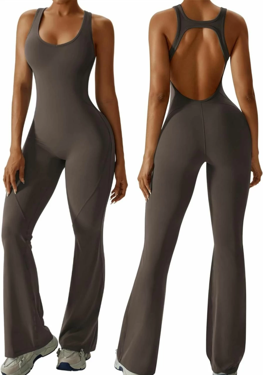 OEAK Women's Backless Tummy Control Flare Jumpsuit - Sleeveless Cutout Unitard Romper for Workout & Casual Wear