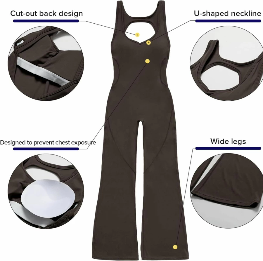 OEAK Women's Backless Tummy Control Flare Jumpsuit - Sleeveless Cutout Unitard Romper for Workout & Casual Wear