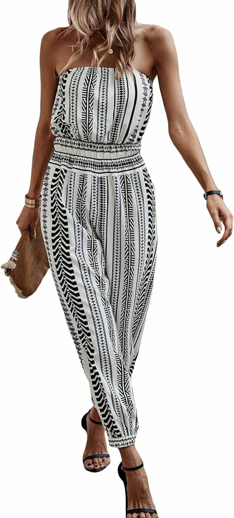 OYOANGLE Women's Boho Geometric Print Tube Top Long Pants Romper Jumpsuit - Strapless Sleeveless Summer Beach Outfit