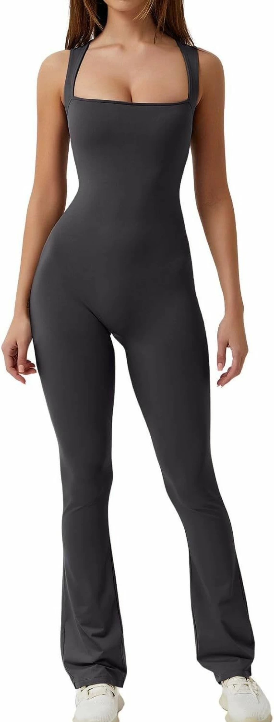 QINSEN Women's Sexy Sleeveless Square Neck Jumpsuit - Stretchy Flare Leg Romper Unitard Black Bodysuit