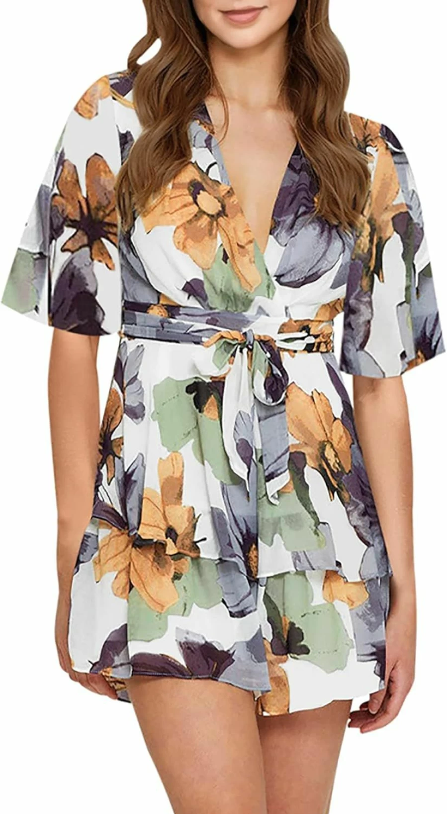 AIMCOO Women's Summer Striped Romper Dress with V-Neck, Flare Sleeves, Tie Waist, and Ruffle Hem