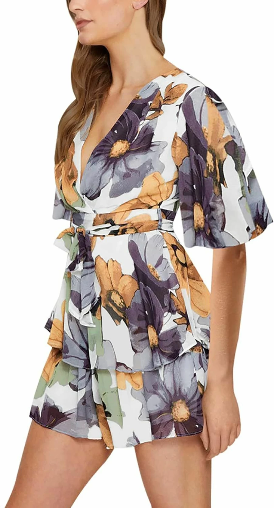 AIMCOO Women's Summer Striped Romper Dress with V-Neck, Flare Sleeves, Tie Waist, and Ruffle Hem