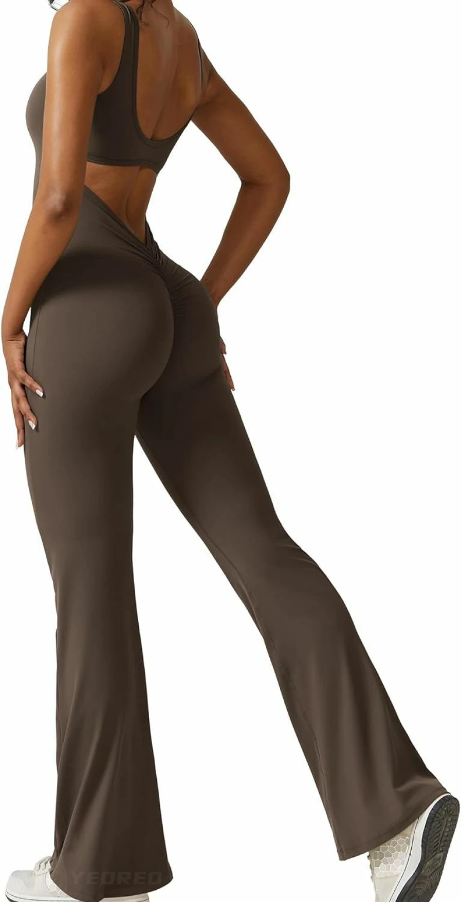 YEOREO Women's Backless V-Neck Flare Leg Yoga Jumpsuit - Sexy Workout Romper for Gym & Fitness