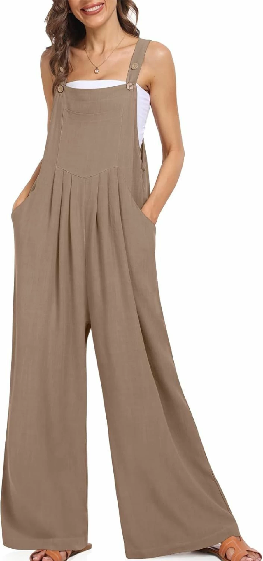 TARSE Women's Loose Fit Wide Leg Linen Jumpsuit with Pockets - Casual Spring Summer Romper Overalls