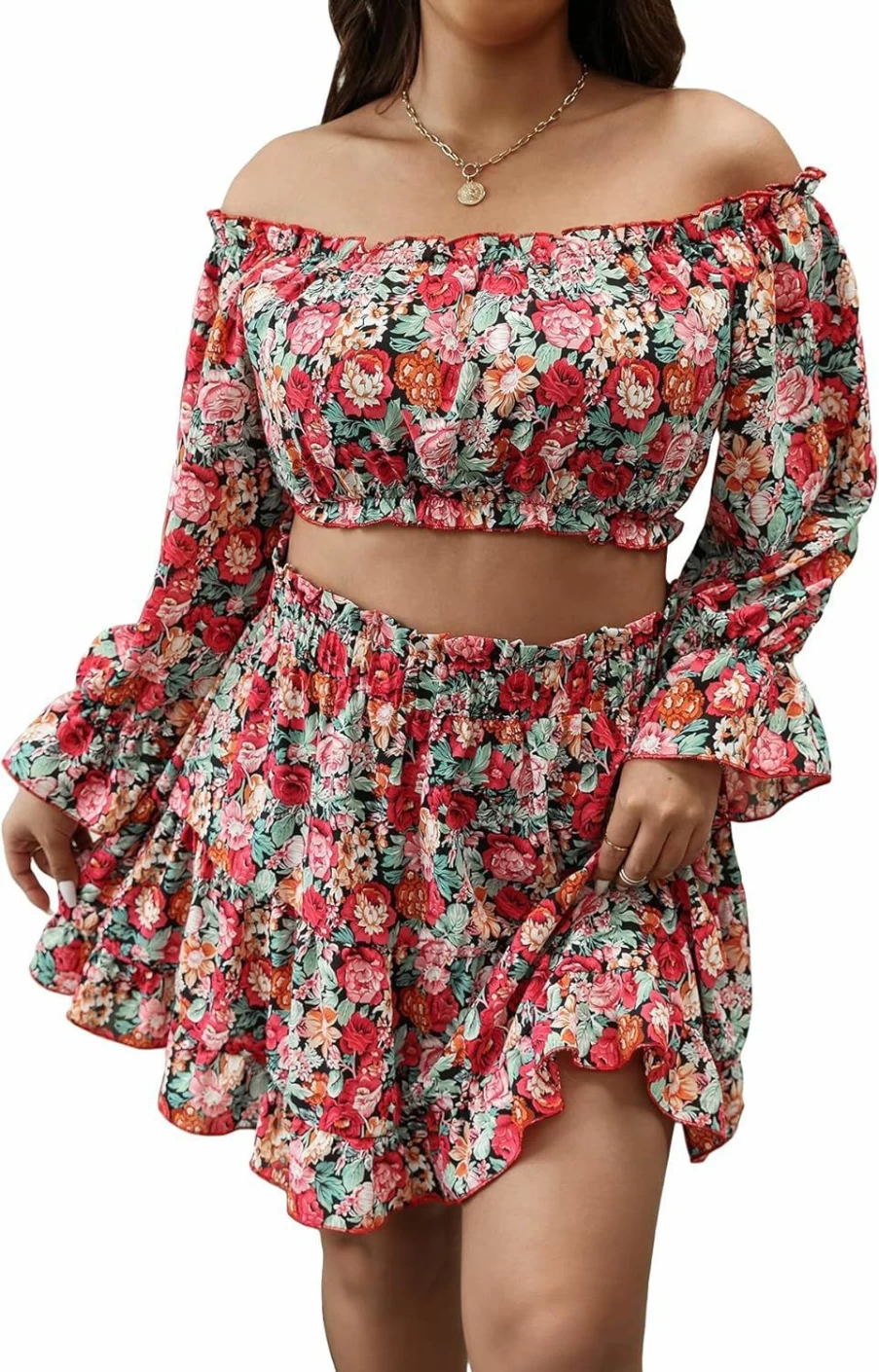 SOLY HUX Women's Plus Size Floral Print Off-Shoulder Crop Top and Ruffle Hem Skirt 2-Piece Outfit Set