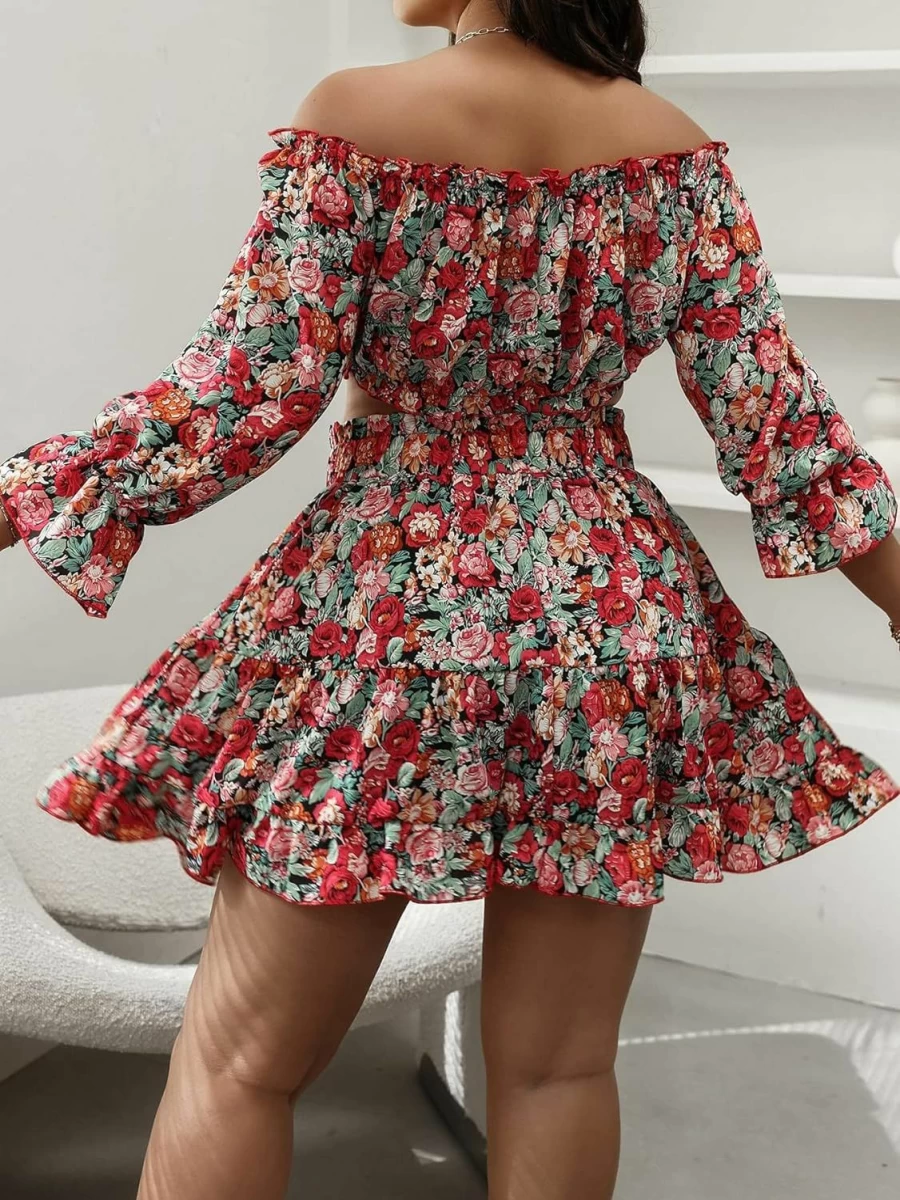 SOLY HUX Women's Plus Size Floral Print Off-Shoulder Crop Top and Ruffle Hem Skirt 2-Piece Outfit Set