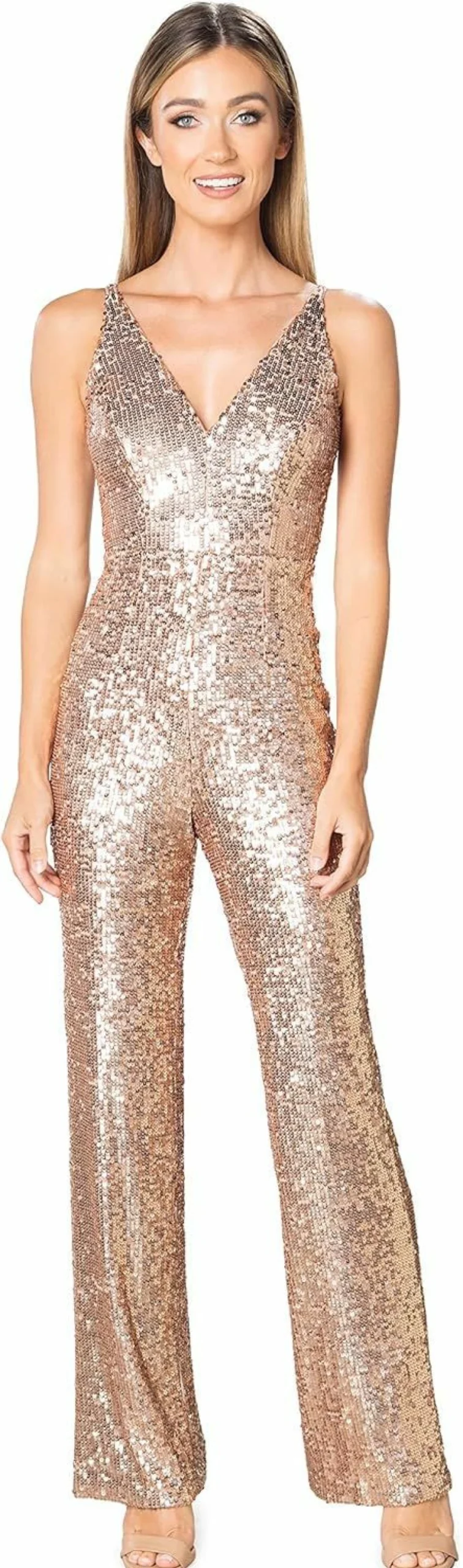 Dress the Population Women's Charlie Plunging V-Neck Jumpsuit - Elegant One-Piece Romper for Evening Wear