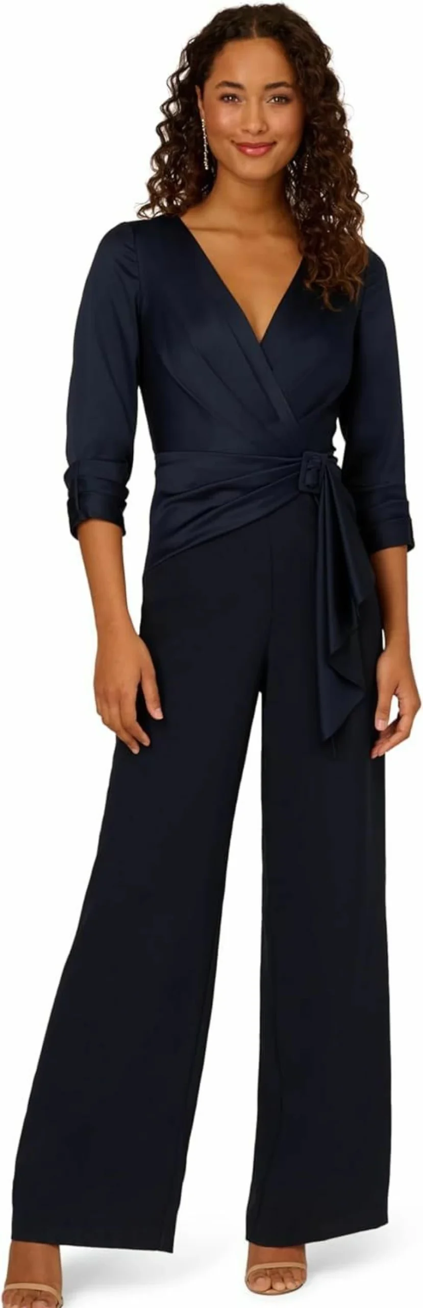 Adrianna Papell Women's Elegant Satin Crepe Jumpsuit - Formal Evening Romper with V-Neck