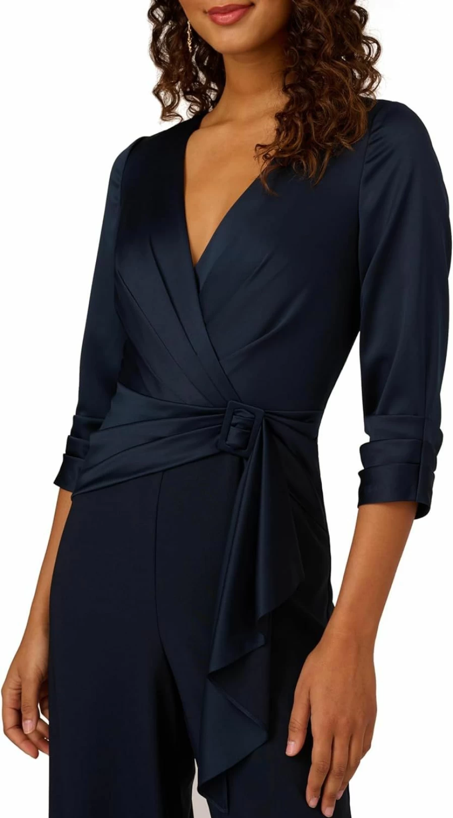 Adrianna Papell Women's Elegant Satin Crepe Jumpsuit - Formal Evening Romper with V-Neck
