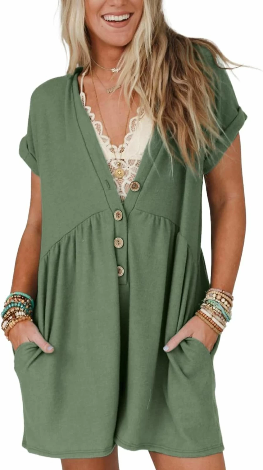 Glamaker Women's Casual Summer Jumpsuit - V Neck Short Sleeve Romper with Pockets, Wide Leg Beach Outfit