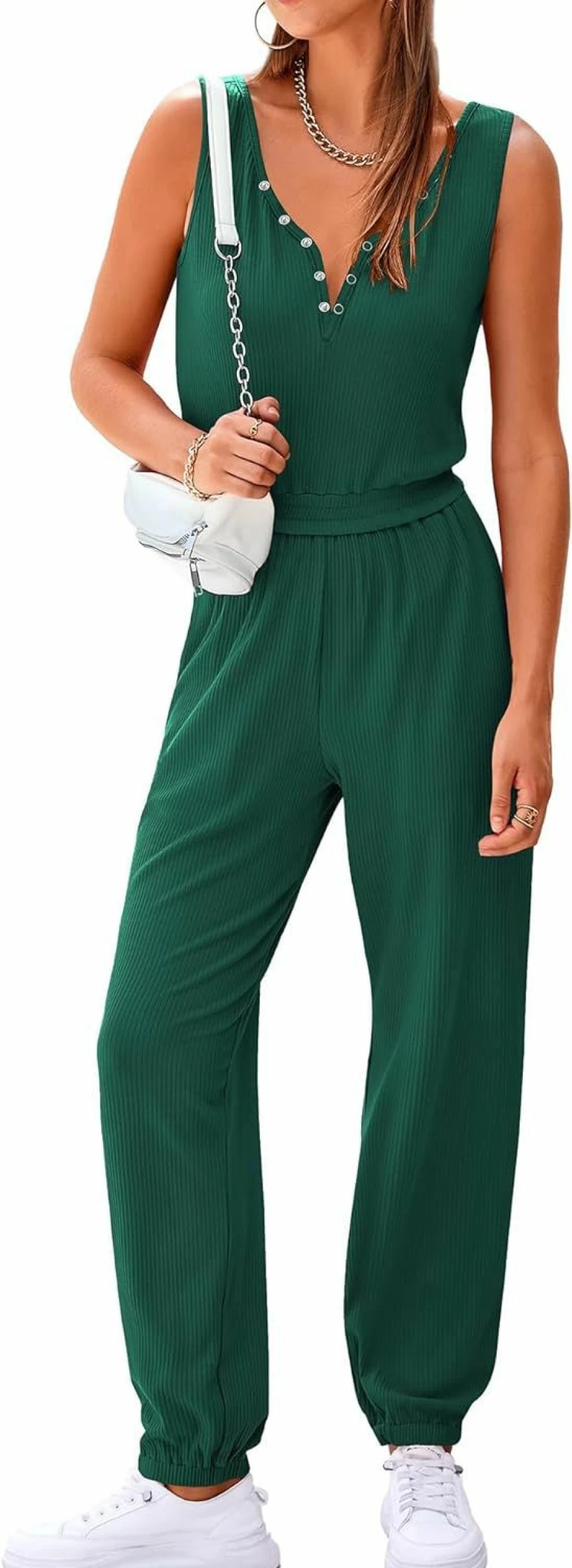PRETTYGARDEN Women's Summer 2024 Sleeveless Romper Jumpsuit - Stretchy Ribbed Knit, Elastic Waist with Pockets, Casual Comfort Outfit