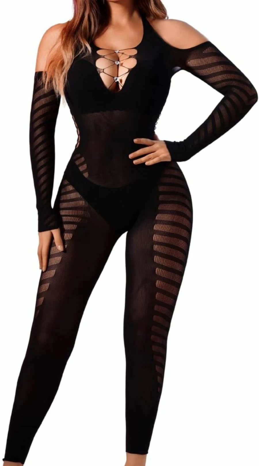 Kaei&Shi Rhinestone Mesh Jumpsuit for Women - Sexy Deep V Criss Cross Club Outfit