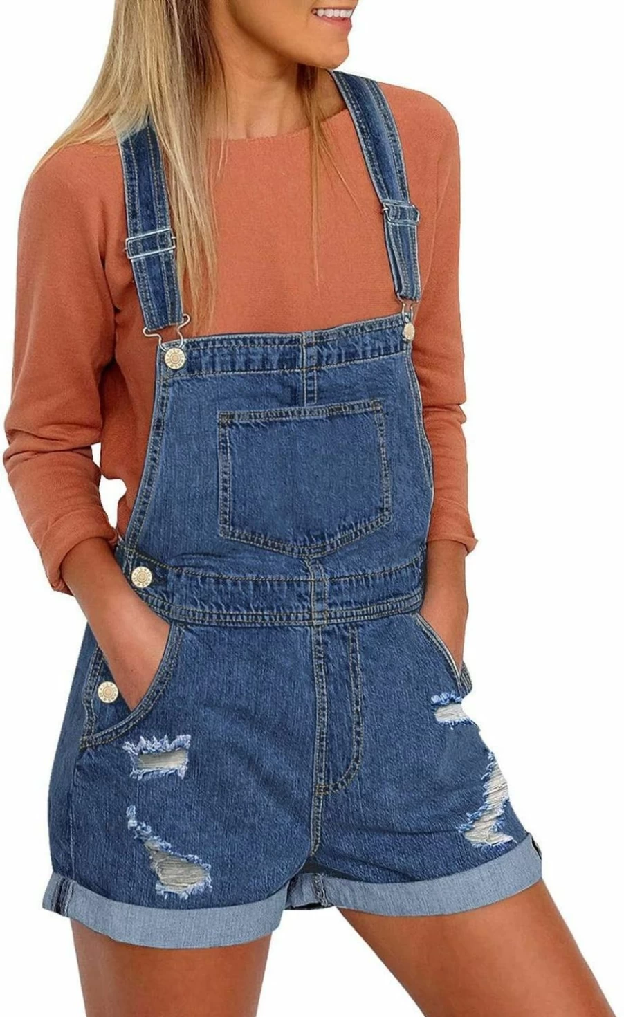 Vetinee Women's Denim Overalls Shorts with Adjustable Straps and Cuffed Hem