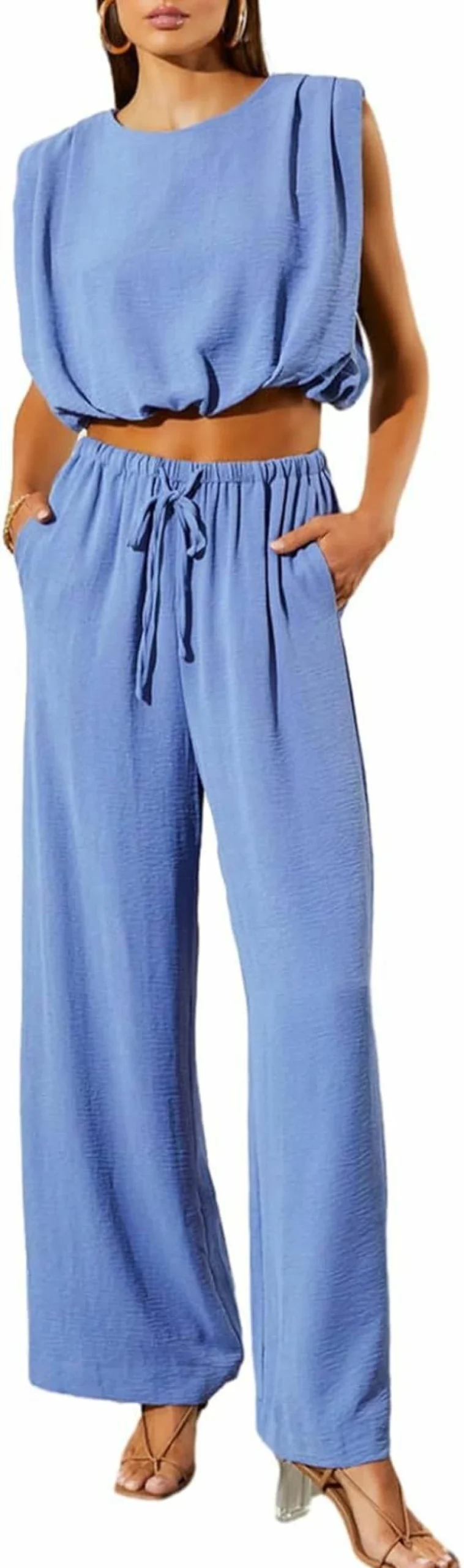 Dokotoo Women's Summer 2 Piece Outfit - Sleeveless Crop Top & High Waist Wide Leg Pants with Pockets Casual Lounge Set