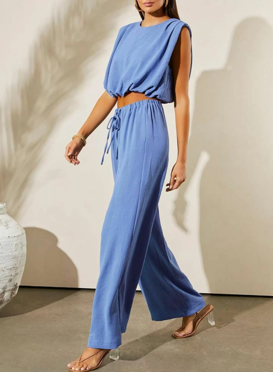 Dokotoo Women's Summer 2 Piece Outfit - Sleeveless Crop Top & High Waist Wide Leg Pants with Pockets Casual Lounge Set