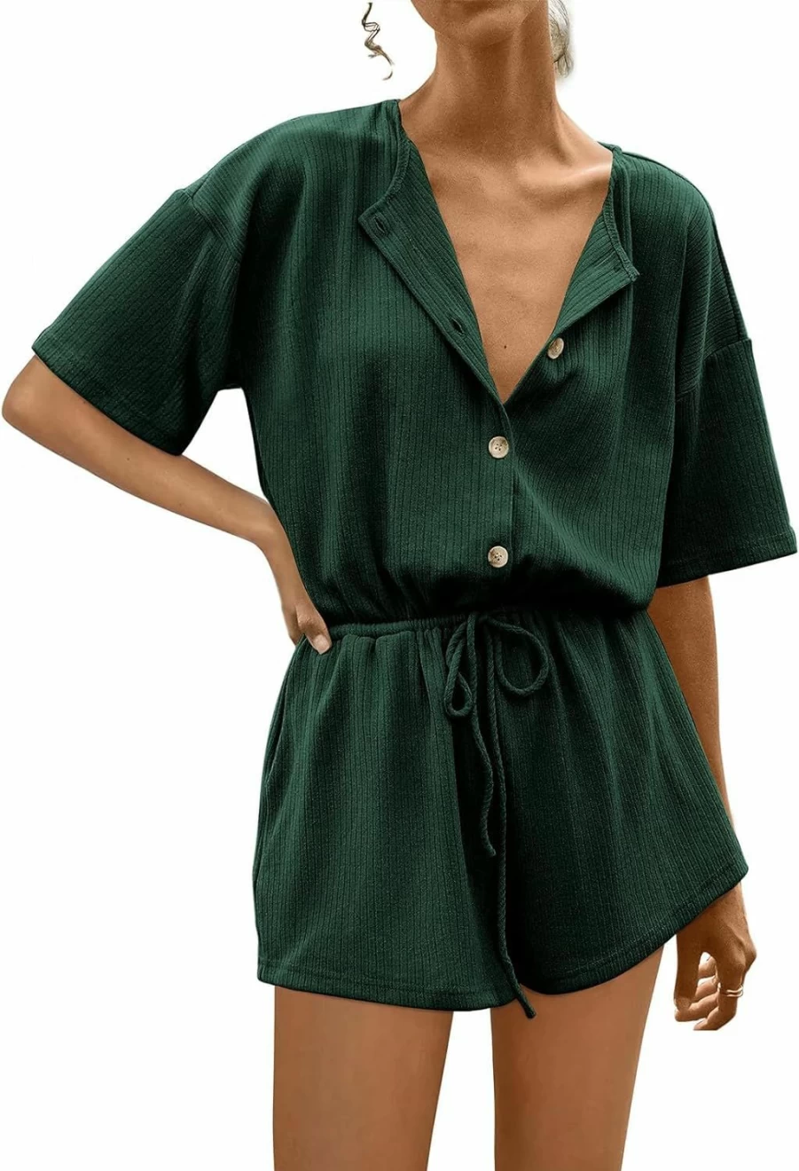 PRETTYGARDEN Women's Oversized Button-Up Short Romper - 2024 Summer Casual Jumpsuit with Elastic Waist & Pockets