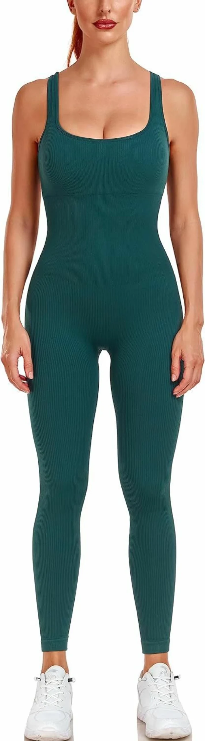 "Angelana Women's Ribbed Yoga Jumpsuit with Built-In Bra & Tummy Control – Workout Romper for Athletic Wear"