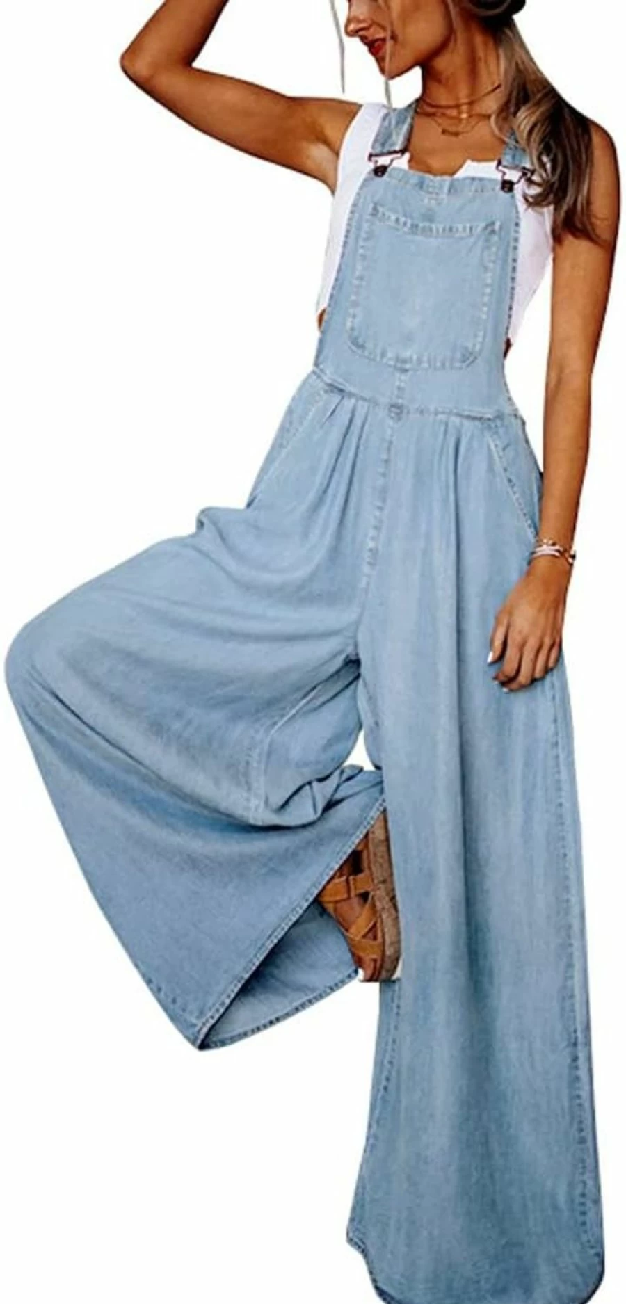 Chouyatou Women's Denim Bib Overalls - Adjustable Strap Wide Leg Loose Fit Jeans Pants