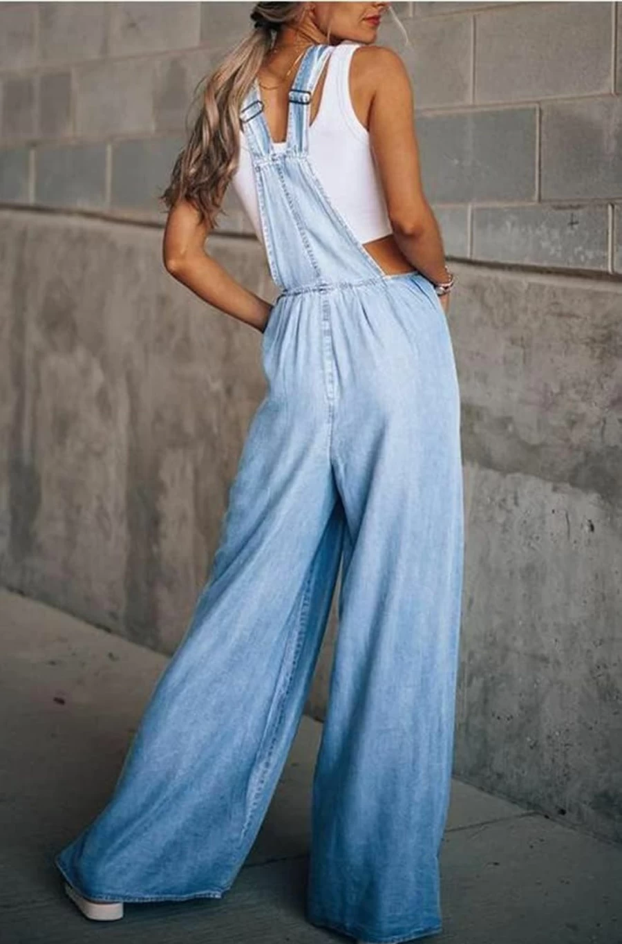 Chouyatou Women's Denim Bib Overalls - Adjustable Strap Wide Leg Loose Fit Jeans Pants